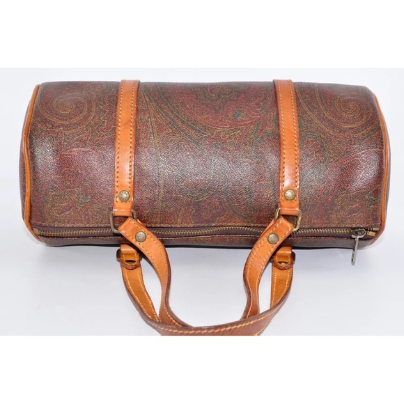 ETRO Paisley Mini Boston Bag PVC Leather Wine Red Brown Used Authentic EUC - Picture 7 of 12